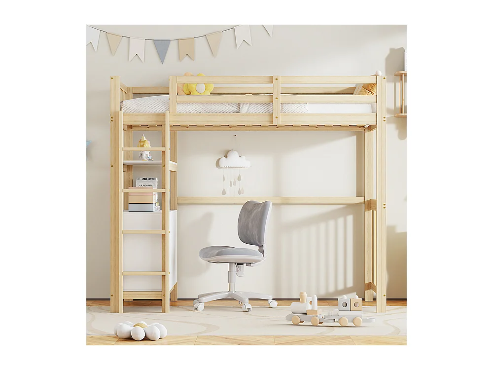Cadre de lit 90x200 cm Lit enfant Échelle verticale de sécurité Tiroirs et étagères Design clôture haute Marron