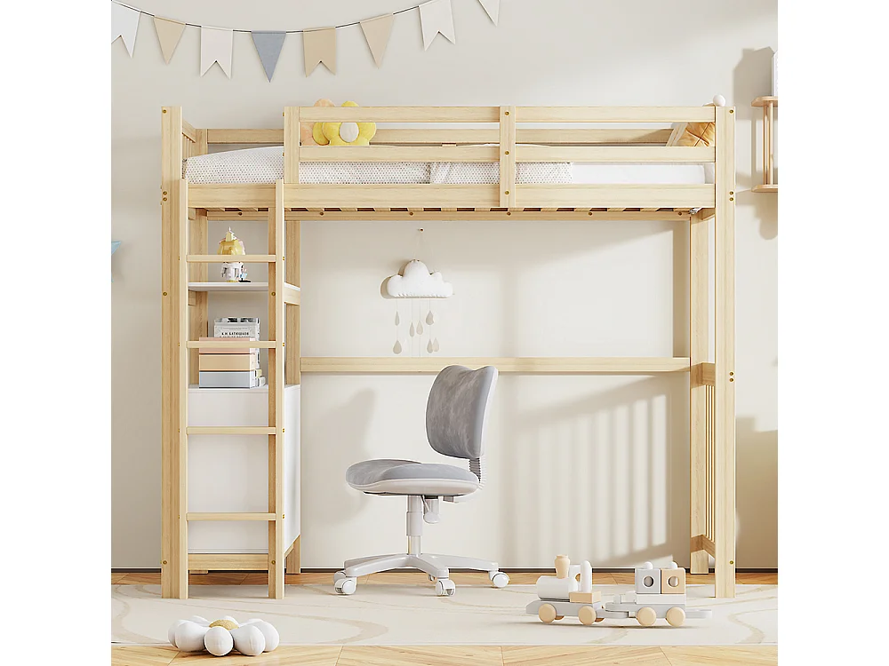 Cadre de lit 90x200 cm Lit enfant Échelle verticale de sécurité Tiroirs et étagères Design clôture haute Marron