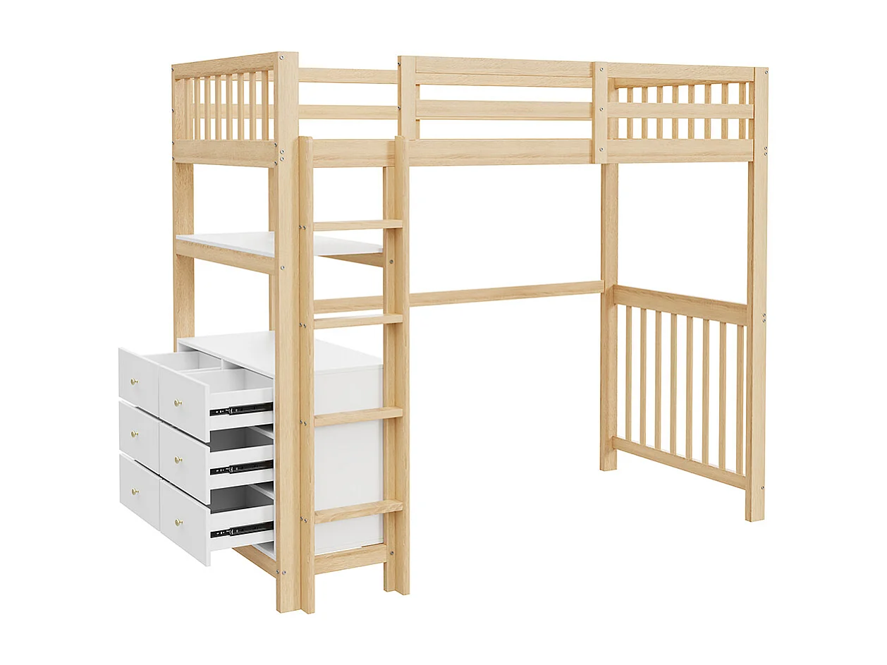 Cadre de lit 90x200 cm Lit enfant Échelle verticale de sécurité Tiroirs et étagères Design clôture haute Marron