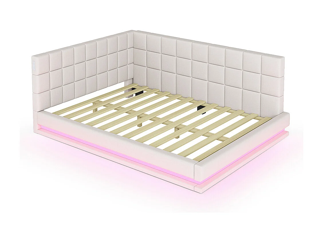 Lit enfant 140x200 cm Lit banquette avec barre LED prise USB et sommier à lattes Beige