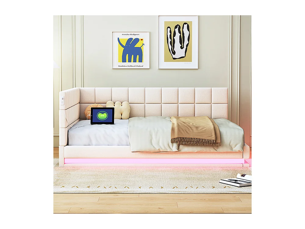 Lit enfant 140x200 cm Lit banquette avec barre LED prise USB et sommier à lattes Beige
