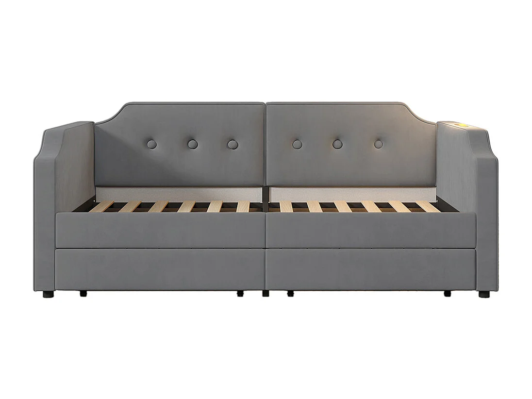 Lit enfant 90x200 cm Lit banquette avec liseuse USB Type-C et 2 tiroirs de rangement avec sommier à lattes en bois sans matelas Gris velours