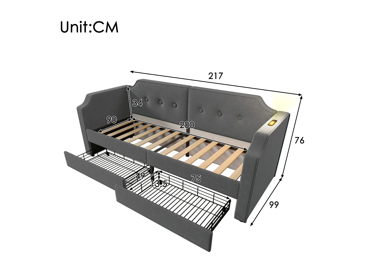 Lit enfant 90x200 cm Lit banquette avec liseuse USB Type-C et 2 tiroirs de rangement avec sommier à lattes en bois sans matelas Gris velours