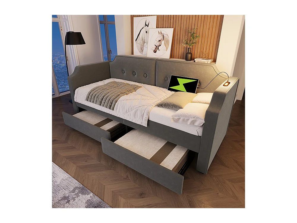 Lit enfant 90x200 cm Lit banquette avec liseuse USB Type-C et 2 tiroirs de rangement avec sommier à lattes en bois sans matelas Gris velours