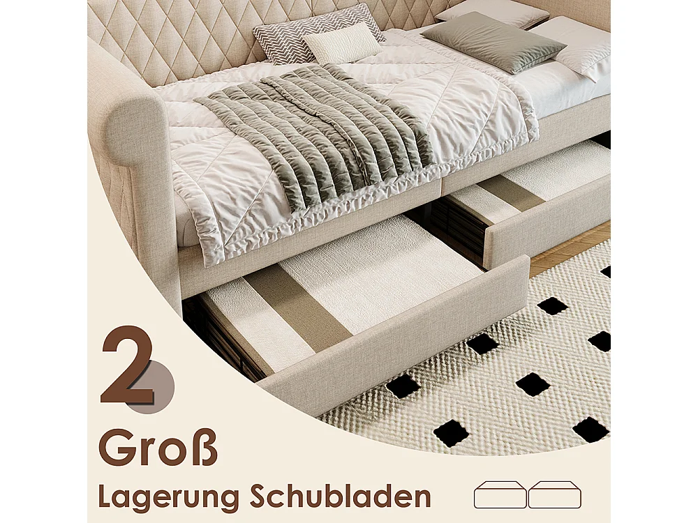 Lit enfant 90x200 Lit banquette avec 2 tiroirs de rangement et sommier à lattes en bois sans matelas Lin Beige