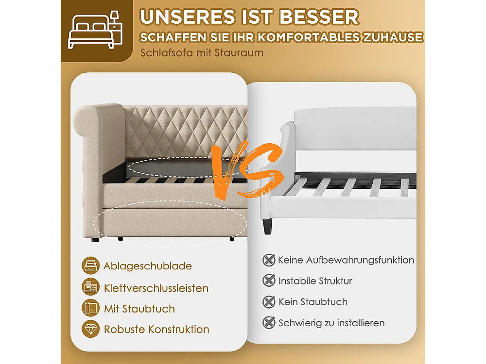 Lit enfant 90x200 Lit banquette avec 2 tiroirs de rangement et sommier à lattes en bois sans matelas Lin Beige