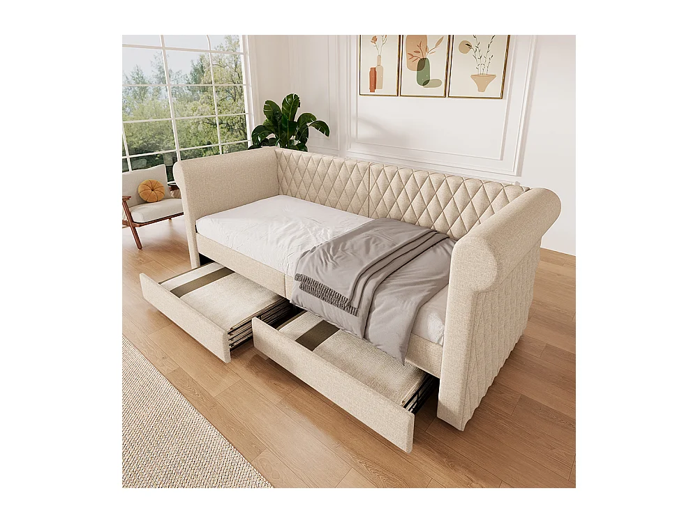 Lit enfant 90x200 Lit banquette avec 2 tiroirs de rangement et sommier à lattes en bois sans matelas Lin Beige