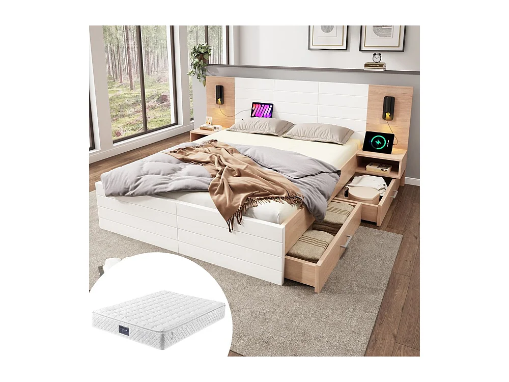 Lit avec rangement 160 x 200 cm avec 2 tiroirs tête de lit avec lumière de lecture et chargement USB incluant 2 chevets Avec matelas Blanc