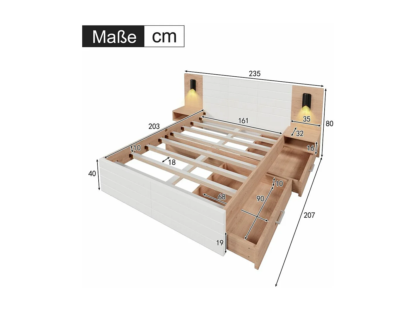 Lit avec rangement 160 x 200 cm avec 2 tiroirs tête de lit avec lumière de lecture et chargement USB incluant 2 chevets Avec matelas Blanc