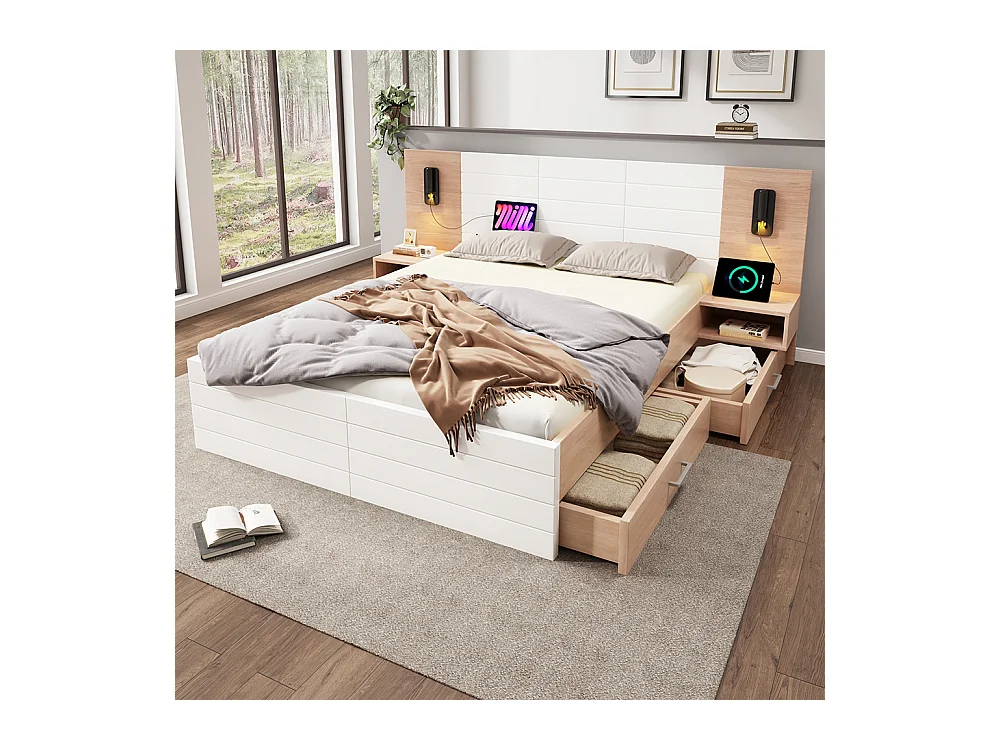 Lit avec rangement 140 x 200 cm avec 2 tiroirs tête de lit avec lumière de lecture et chargement USB incluant 2 chevets sans matelas Blanc