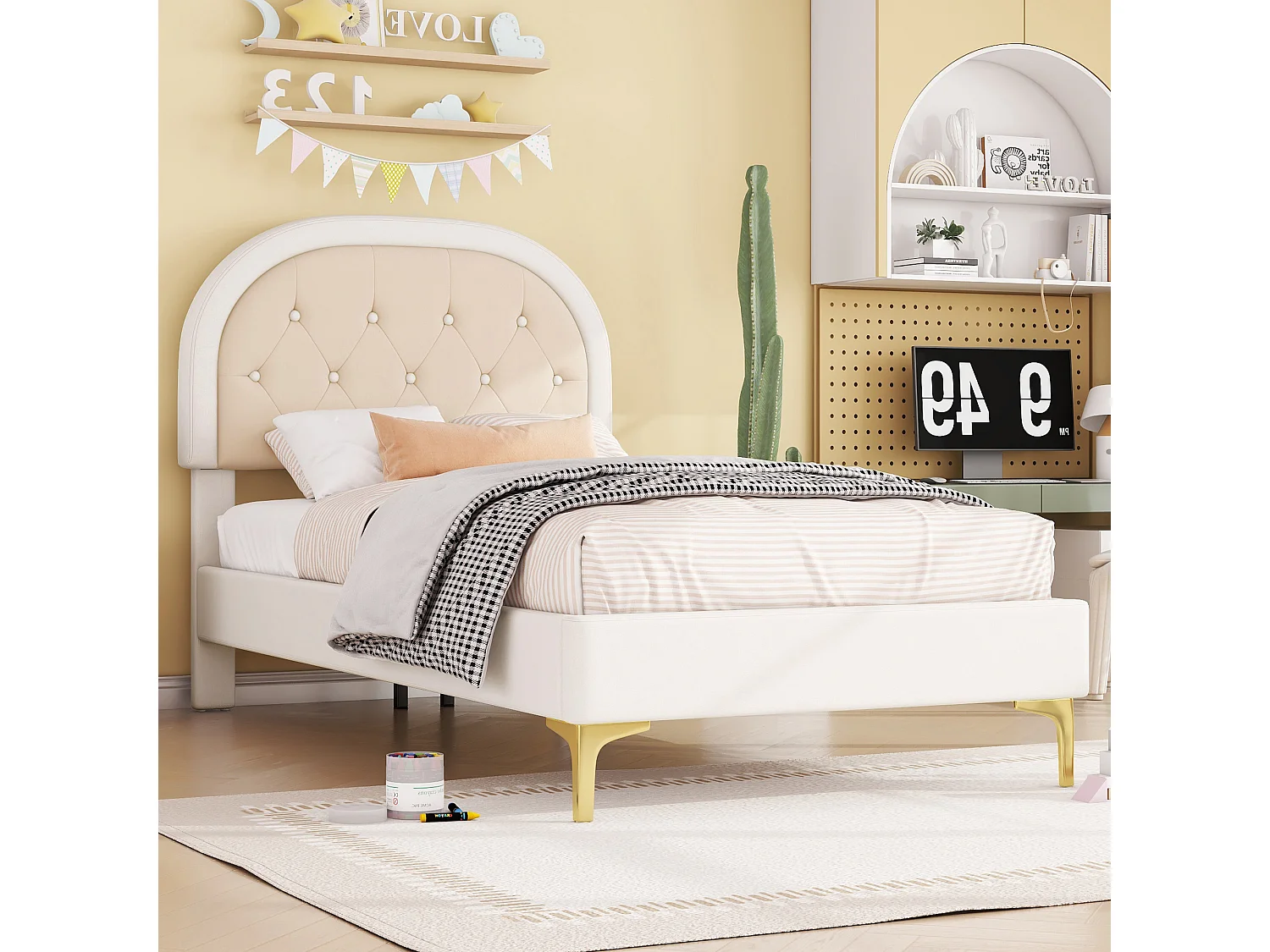 Lit enfant 90 x 200 cm Pieds en métal Tête de lit incurvée Sans matelas Velours Beige