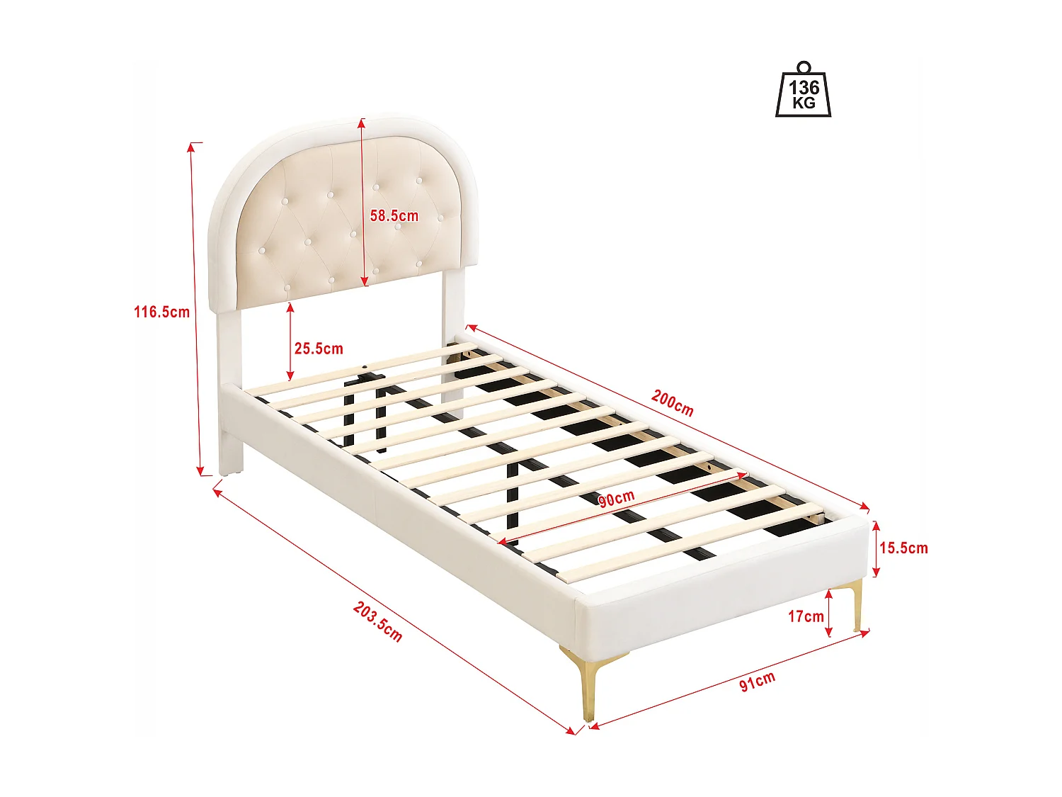 Lit enfant 90 x 200 cm Pieds en métal Tête de lit incurvée Sans matelas Velours Beige