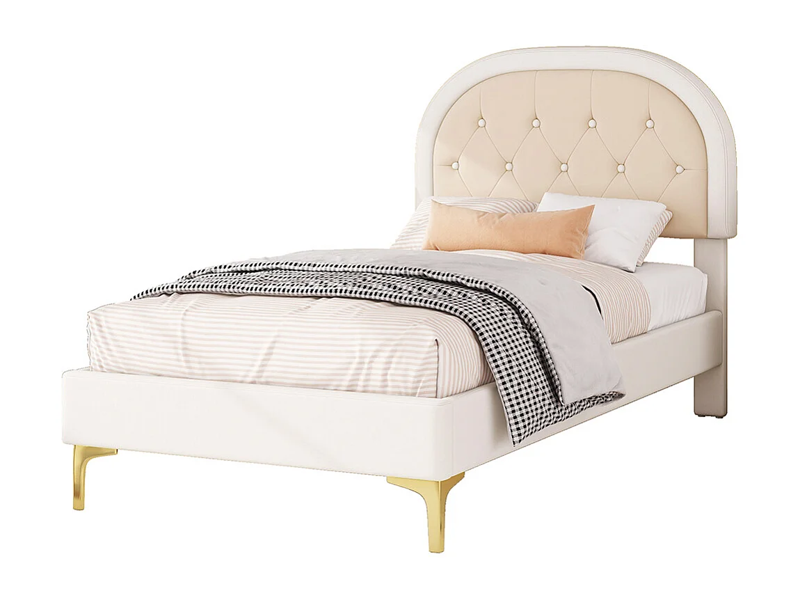 Lit enfant 90 x 200 cm Pieds en métal Tête de lit incurvée Sans matelas Velours Beige