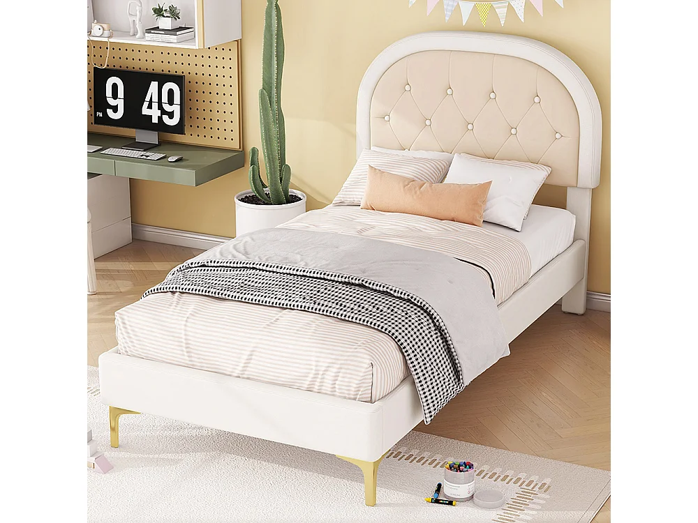 Lit enfant 90 x 200 cm Pieds en métal Tête de lit incurvée Sans matelas Velours Beige