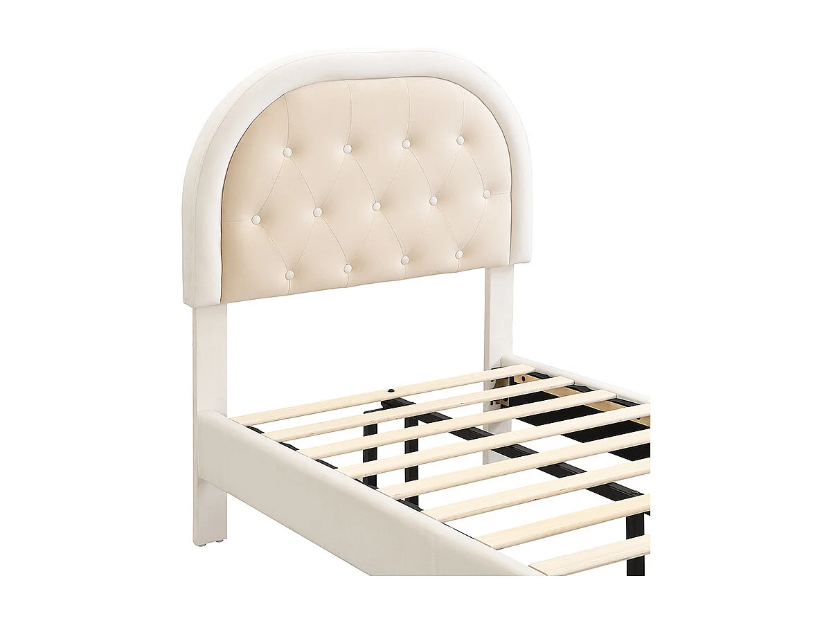 Lit enfant 90 x 200 cm Pieds en métal Tête de lit incurvée Sans matelas Velours Beige
