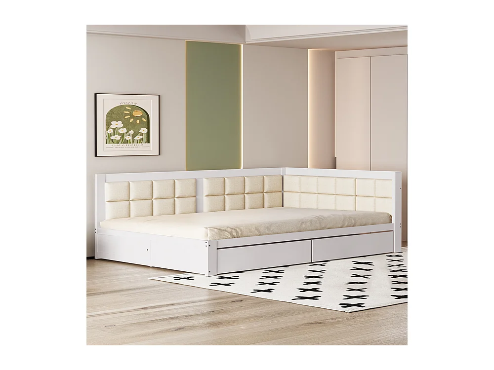 Lit avec tiroirs Lit banquette 140 x 200 Dossier souple Grand tiroir de rangement Sommier à lattes Pin blanc