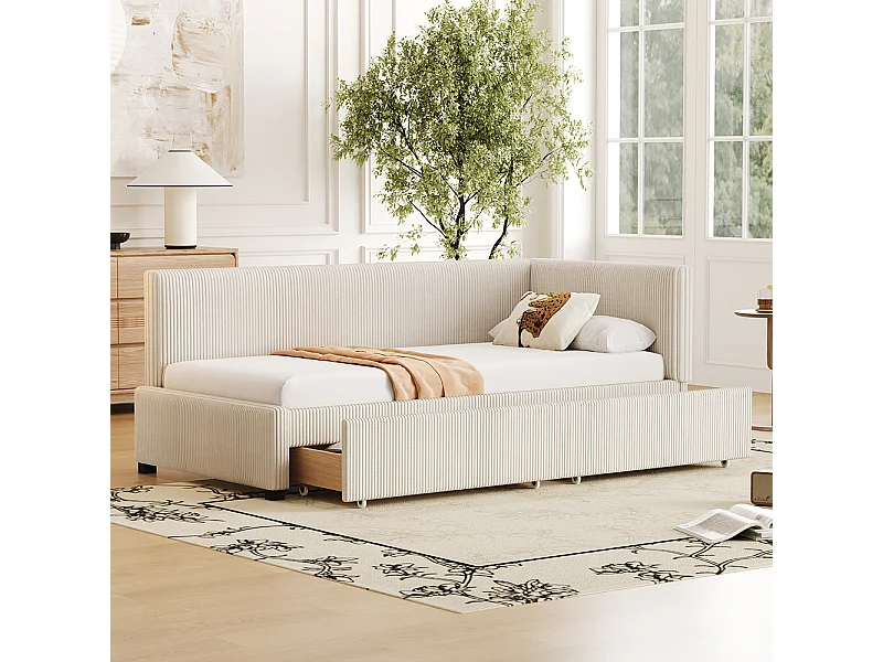 Lit enfant 90x200 cm Lit banquette avec 2 grands tiroirs de rangement et sommier à lattes Beige