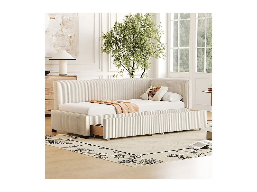 Lit enfant 90x200 cm Lit banquette avec 2 grands tiroirs de rangement et sommier à lattes Beige