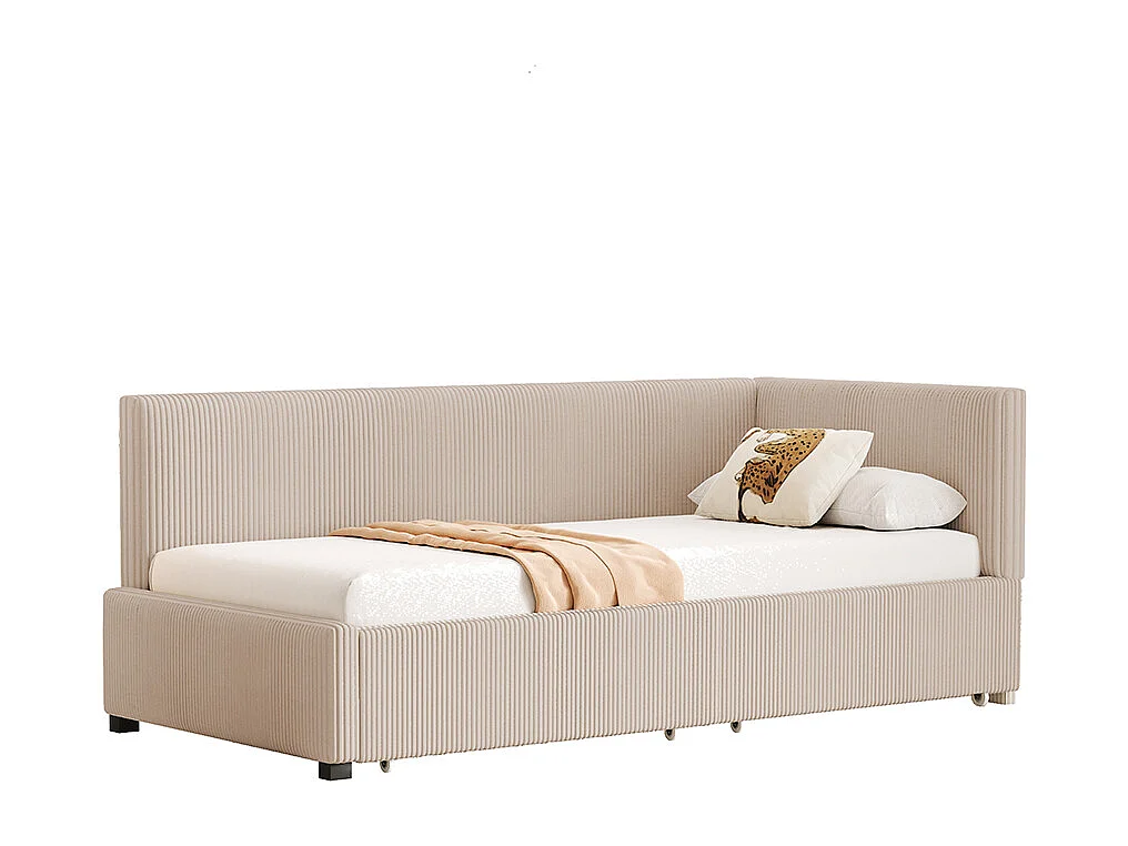 Lit enfant 90x200 cm Lit banquette avec 2 grands tiroirs de rangement et sommier à lattes Beige