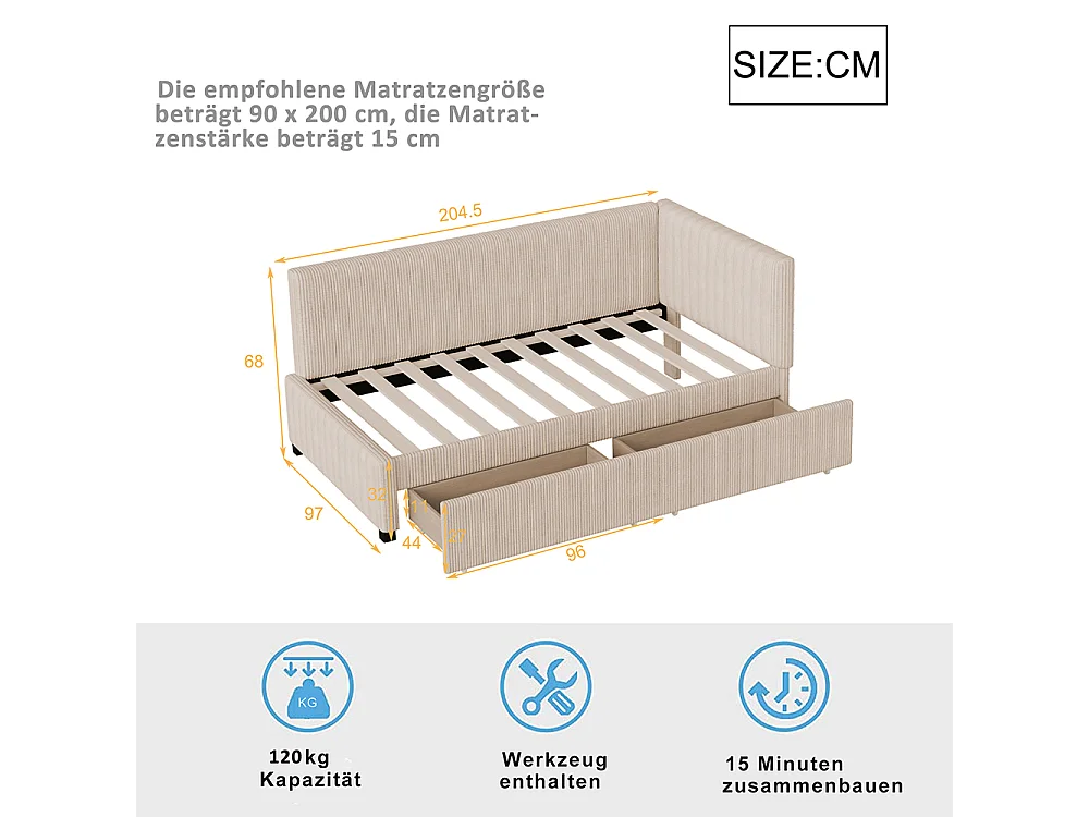 Lit enfant 90x200 cm Lit banquette avec 2 grands tiroirs de rangement et sommier à lattes Beige