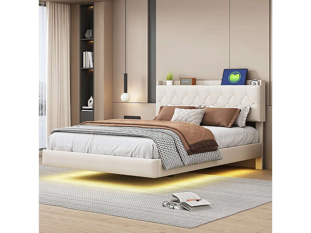 Lit adulte Lit avec rangement 140 x 200 Avec prise de charge USB et bande lumineuse LED lin Beige