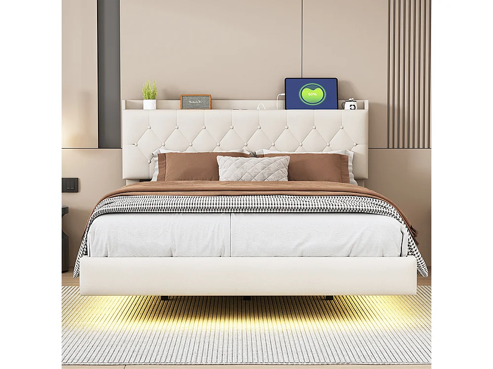Lit adulte Lit avec rangement 140 x 200 Avec prise de charge USB et bande lumineuse LED lin Beige
