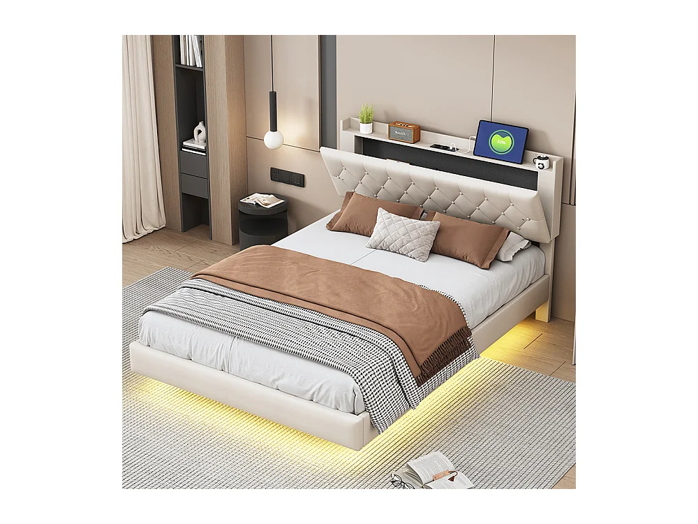 Lit adulte Lit avec rangement 140 x 200 Avec prise de charge USB et bande lumineuse LED lin Beige