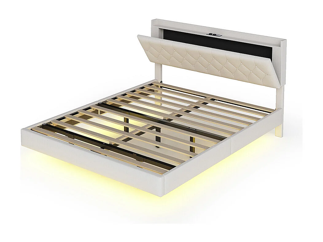 Lit adulte Lit avec rangement 140 x 200 Avec prise de charge USB et bande lumineuse LED lin Beige