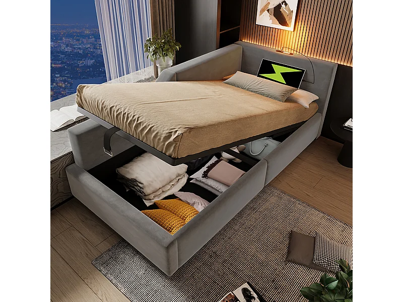Lit enfant 90x190 avec rangement hydraulique avec liseuse et fonction de recharge USB-C Gris velours.