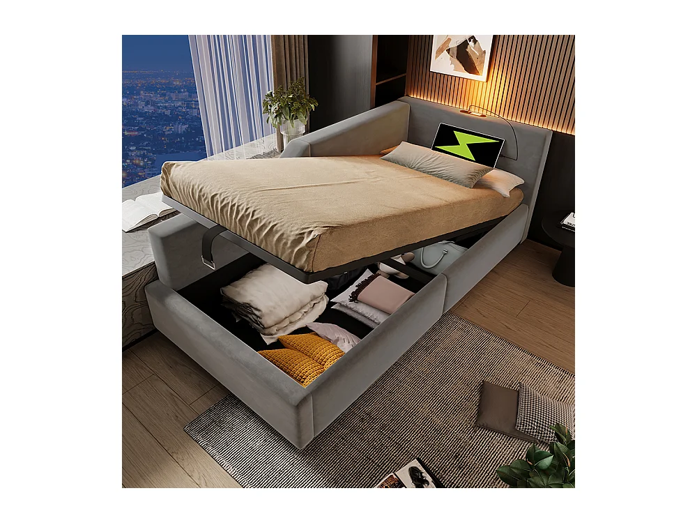 Lit enfant 90x190 avec rangement hydraulique avec liseuse et fonction de recharge USB-C Gris velours.