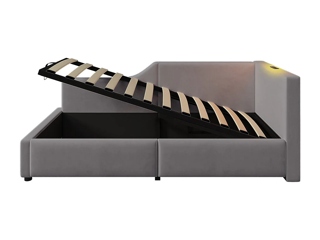 Lit enfant 90x190 avec rangement hydraulique avec liseuse et fonction de recharge USB-C Gris velours.