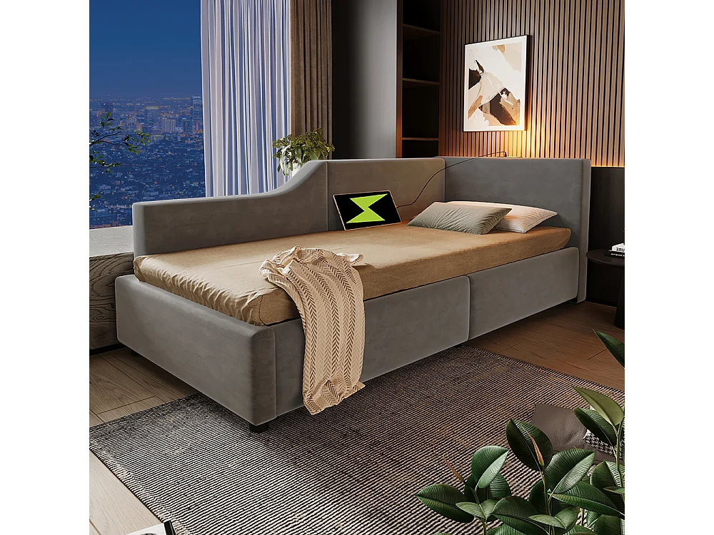 Lit enfant 90x190 avec rangement hydraulique avec liseuse et fonction de recharge USB-C Gris velours.