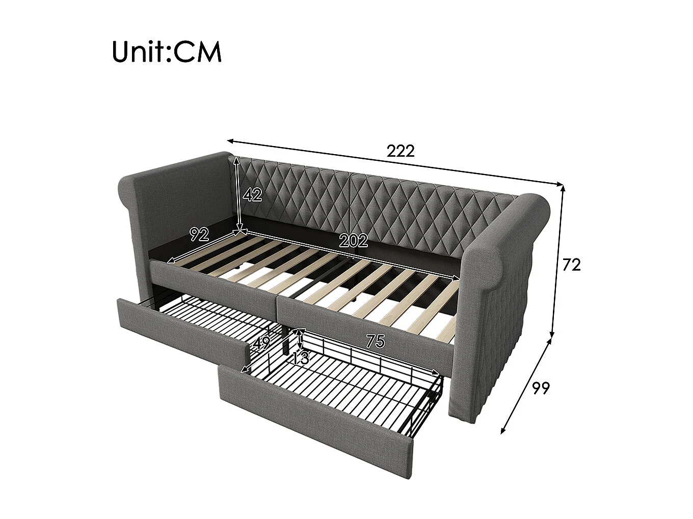 Lit enfant 90x200 cm Lit banquette avec 2 tiroirs de rangement et sommier à lattes en bois sans matelas Linen Grey