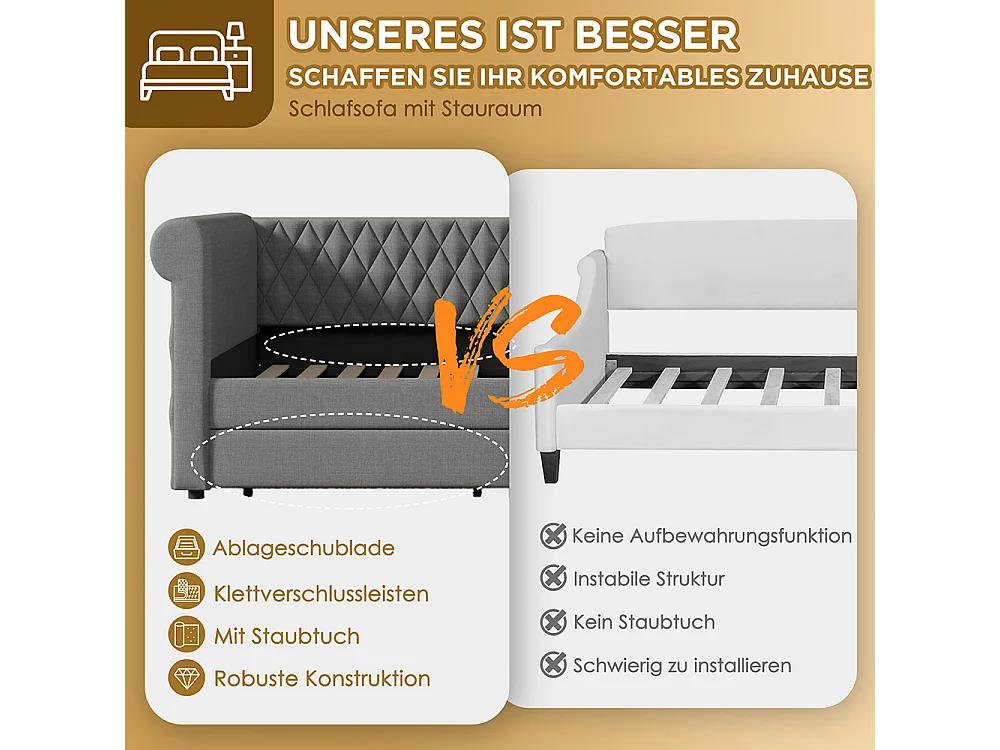 Lit enfant 90x200 cm Lit banquette avec 2 tiroirs de rangement et sommier à lattes en bois sans matelas Linen Grey