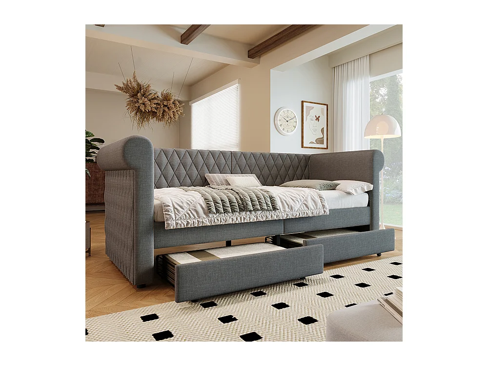 Lit enfant 90x200 cm Lit banquette avec 2 tiroirs de rangement et sommier à lattes en bois sans matelas Linen Grey