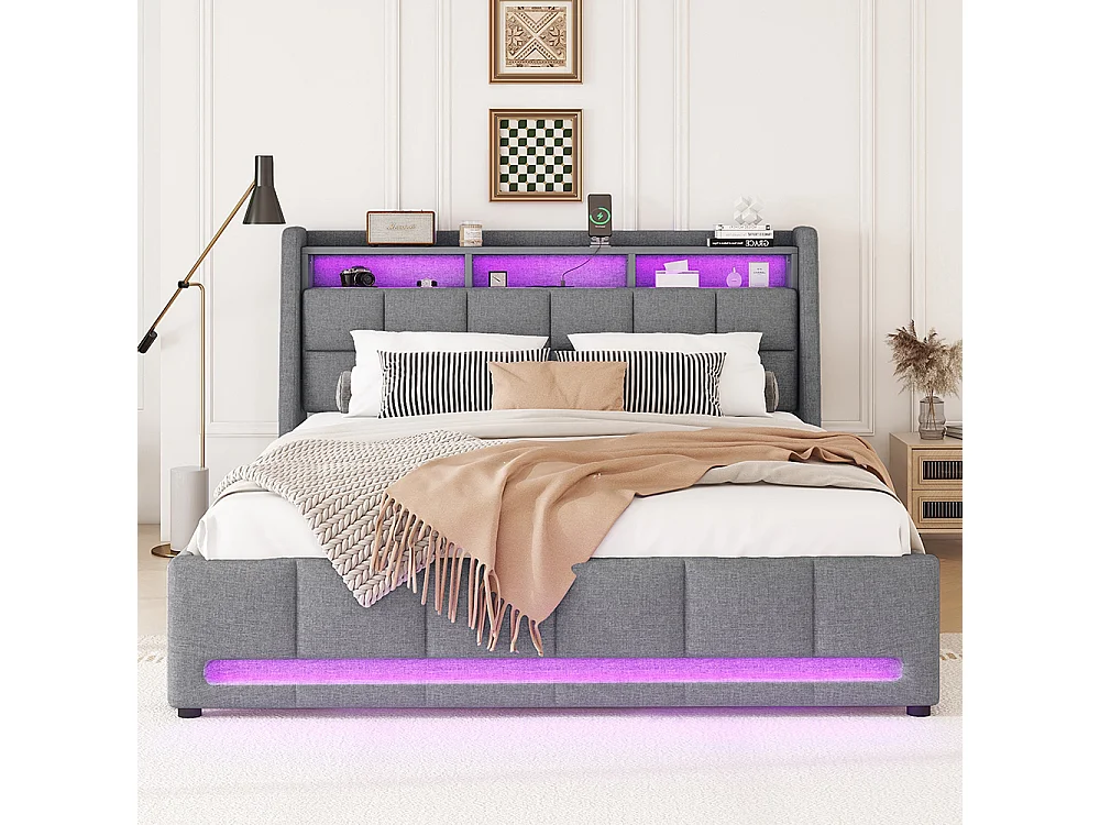 Lit avec rangements 140 x 200 cm Sans matelas Lampe d'ambiance avec télécommande Tiroirs avec USB Compartiment de rangement intégré Lin Gris