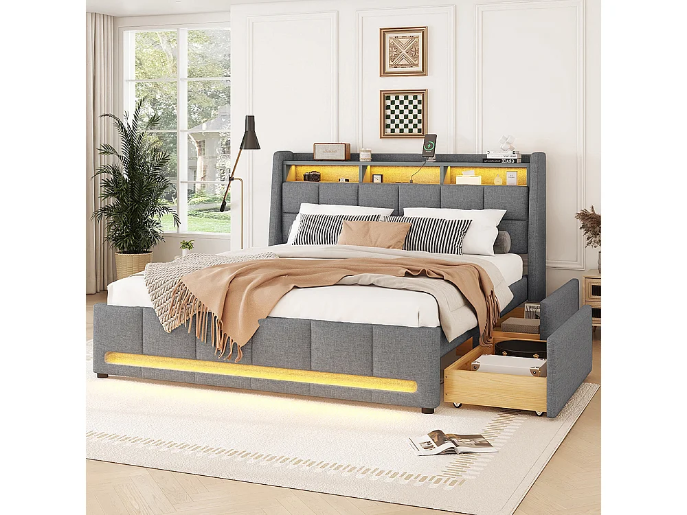 Lit avec rangements 140 x 200 cm Sans matelas Lampe d'ambiance avec télécommande Tiroirs avec USB Compartiment de rangement intégré Lin Gris