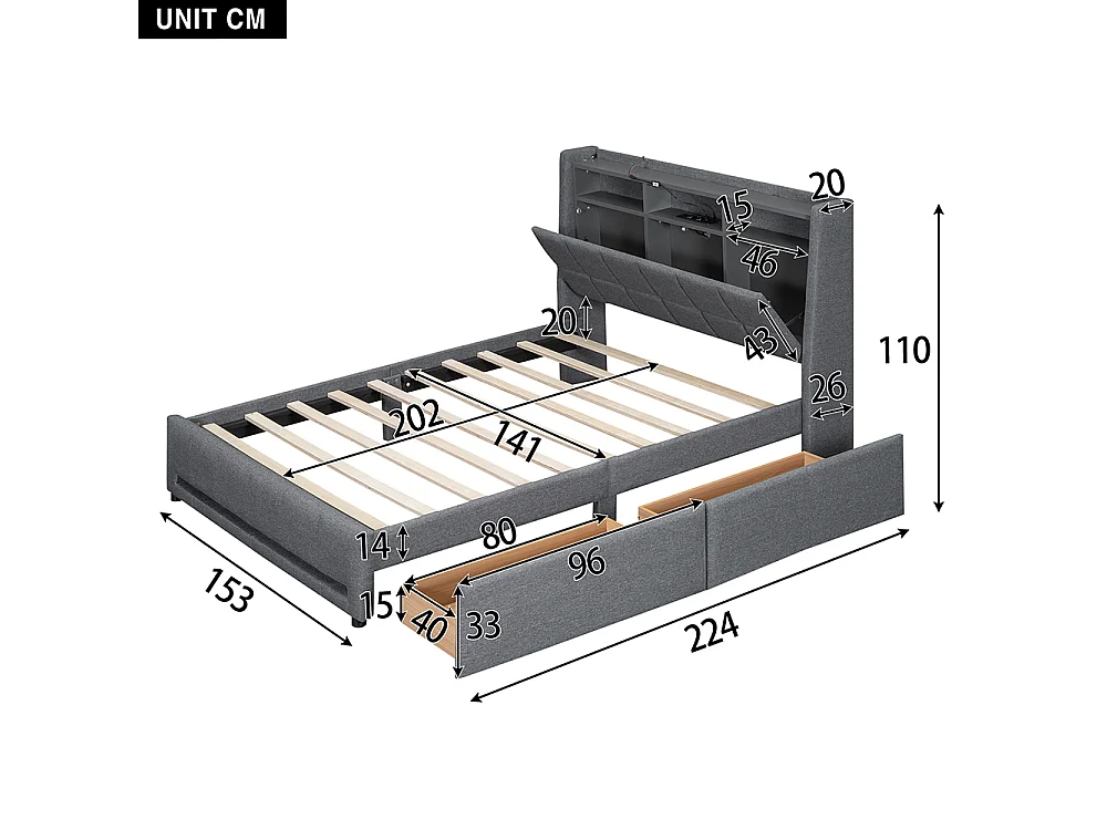 Lit avec rangements 140 x 200 cm Sans matelas Lampe d'ambiance avec télécommande Tiroirs avec USB Compartiment de rangement intégré Lin Gris