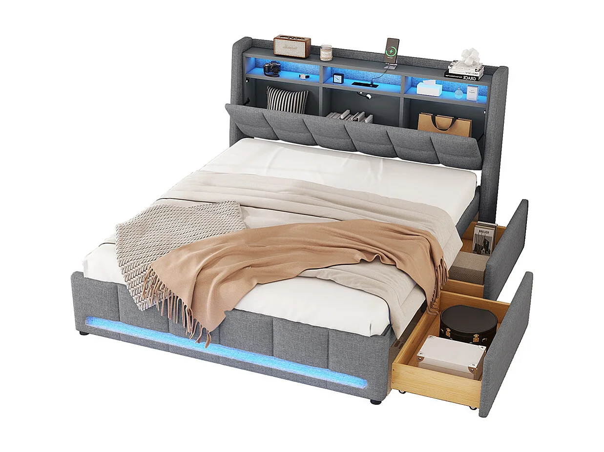 Lit avec rangements 140 x 200 cm Sans matelas Lampe d'ambiance avec télécommande Tiroirs avec USB Compartiment de rangement intégré Lin Gris