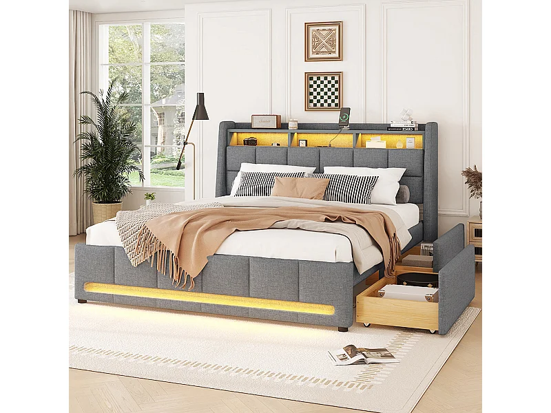 Lit avec rangements 140 x 200 cm Sans matelas Lampe d'ambiance avec télécommande Tiroirs avec USB Compartiment de rangement intégré Lin Gris