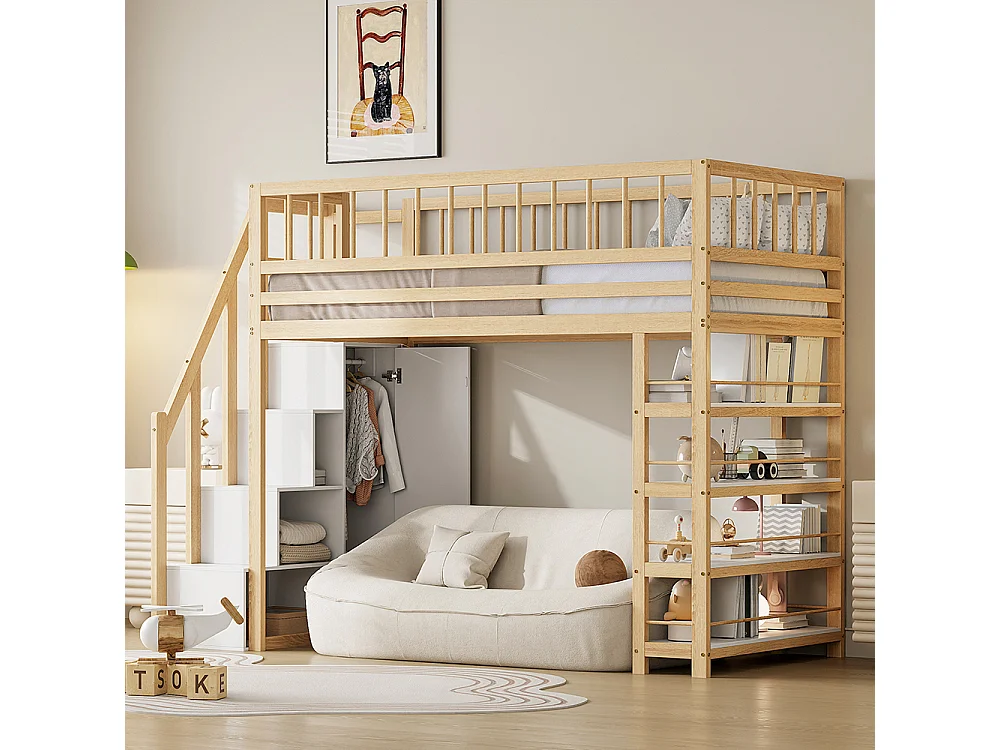 Cadre de lit 90x200 cm design sécurité clôture haute avec armoire, étagères et espace de rangement avec échelle d'escalade de sécurité Marron