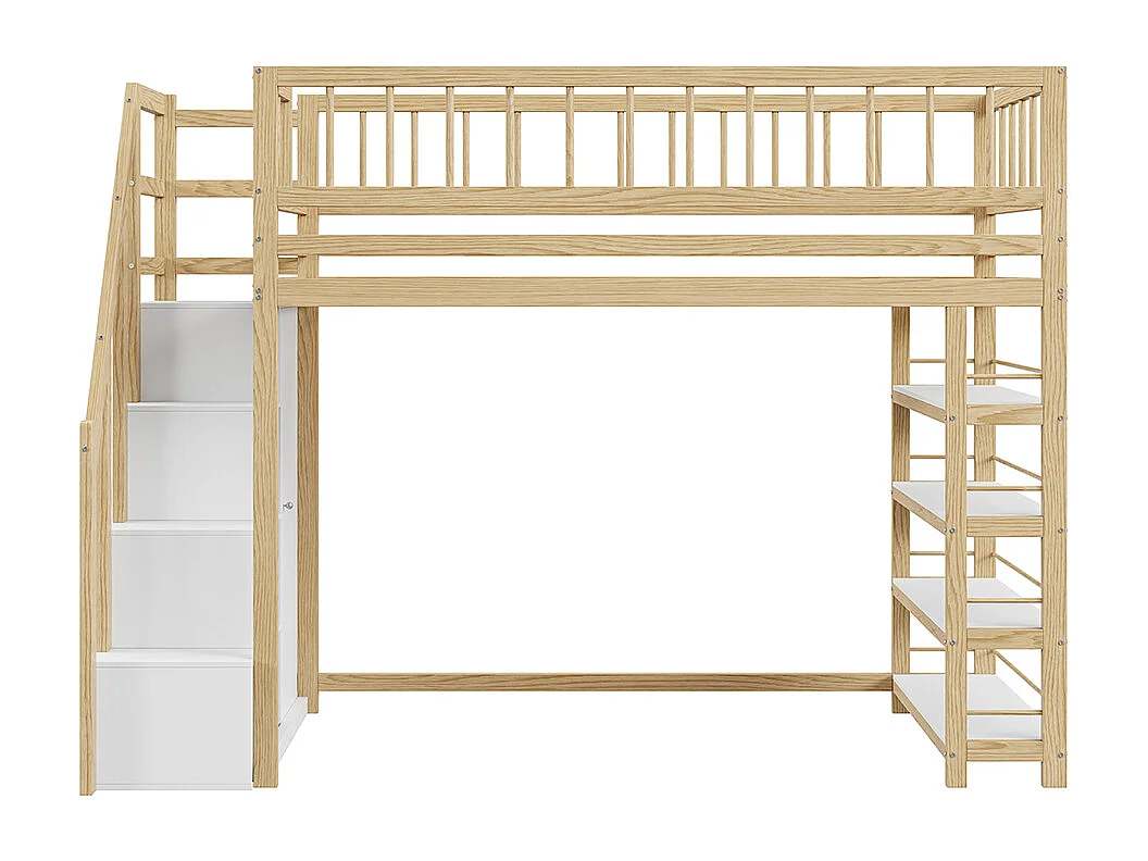 Cadre de lit 90x200 cm design sécurité clôture haute avec armoire, étagères et espace de rangement avec échelle d'escalade de sécurité Marron