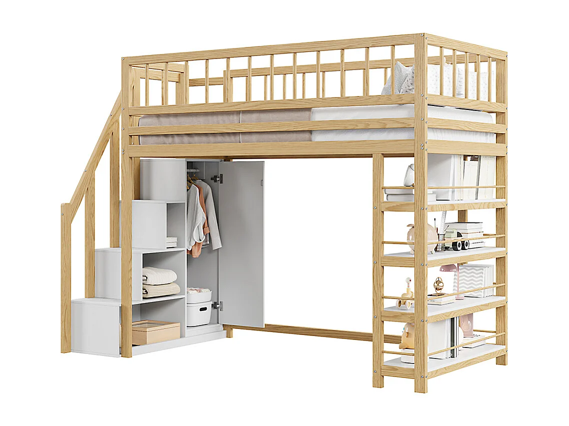 Cadre de lit 90x200 cm design sécurité clôture haute avec armoire, étagères et espace de rangement avec échelle d'escalade de sécurité Marron