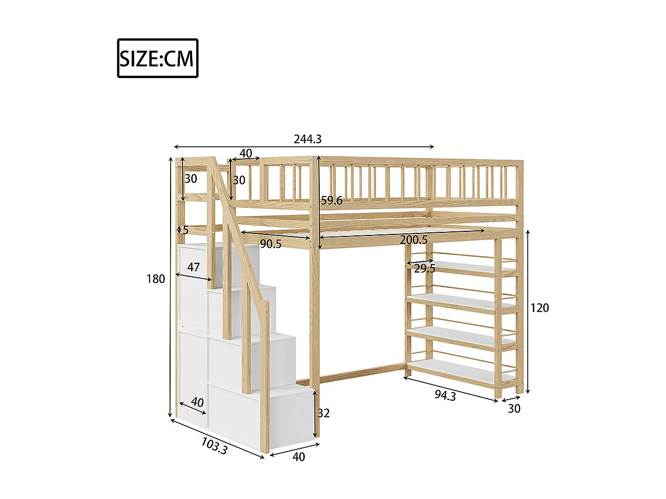 Cadre de lit 90x200 cm design sécurité clôture haute avec armoire, étagères et espace de rangement avec échelle d'escalade de sécurité Marron