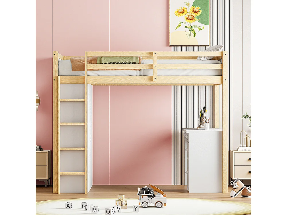 Lit enfant 90x200 avec armoires de rangement bureau informatique lit en hauteur pour enfant Bois naturel