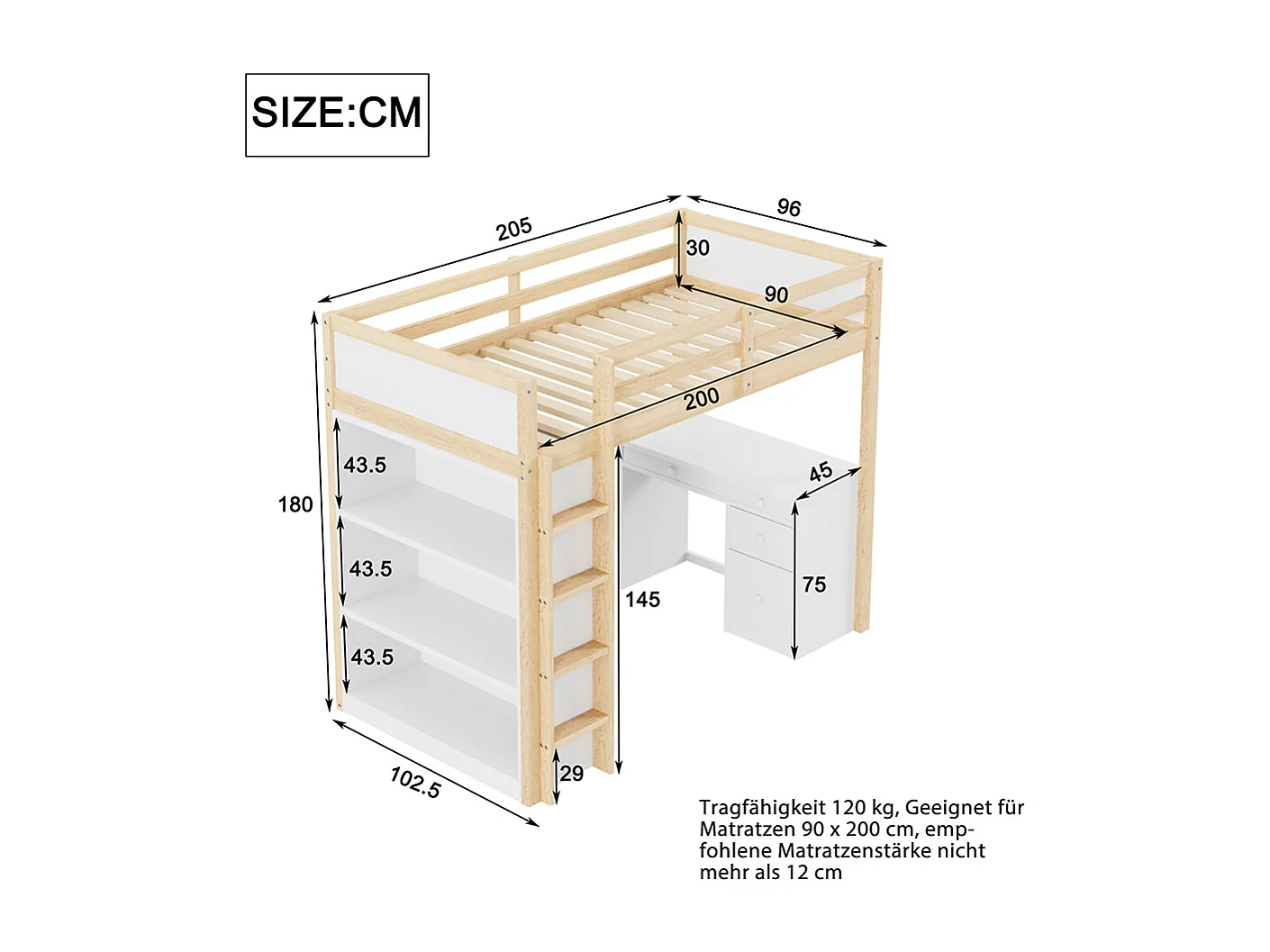 Lit enfant 90x200 avec armoires de rangement bureau informatique lit en hauteur pour enfant Bois naturel