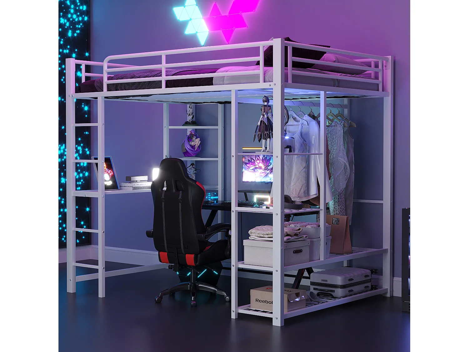 Lit enfant Lit 140x200 Dormant en hauteur avec échelle avec table et rangement Métal Blanc