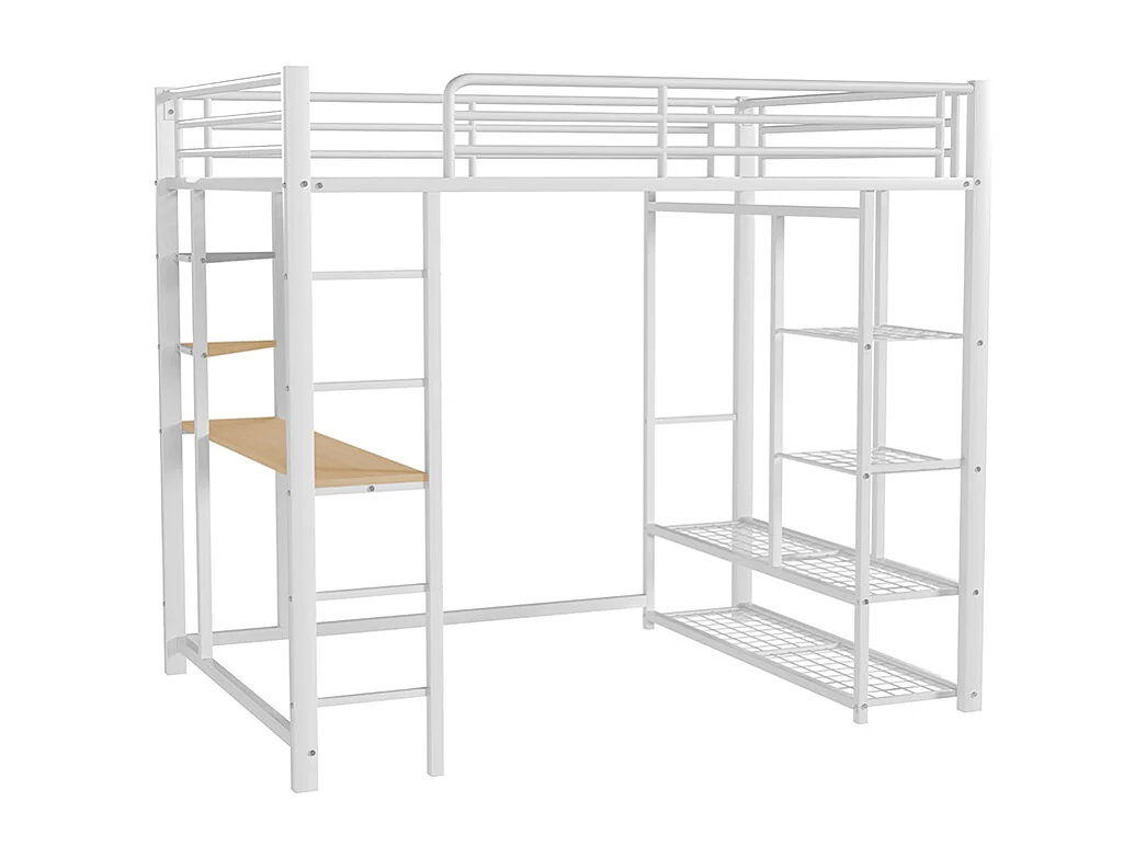 Lit enfant Lit 140x200 Dormant en hauteur avec échelle avec table et rangement Métal Blanc