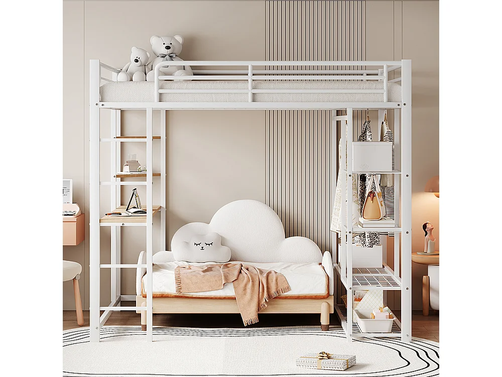 Lit enfant Lit 140x200 Dormant en hauteur avec échelle avec table et rangement Métal Blanc
