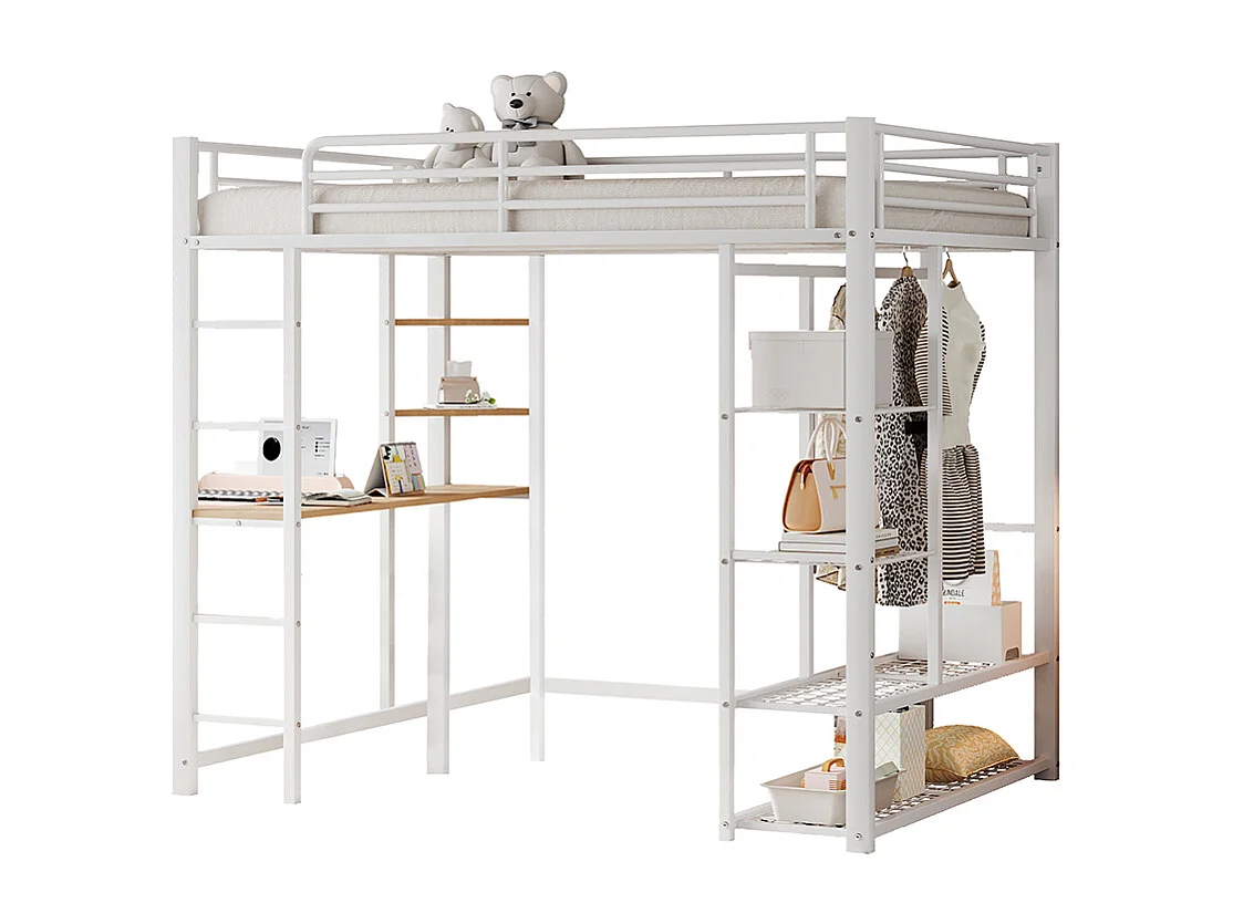 Lit enfant Lit 140x200 Dormant en hauteur avec échelle avec table et rangement Métal Blanc